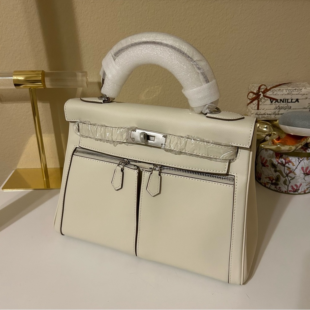Top Handle Double Front Pocket Leather Satchel 28cm Cream White